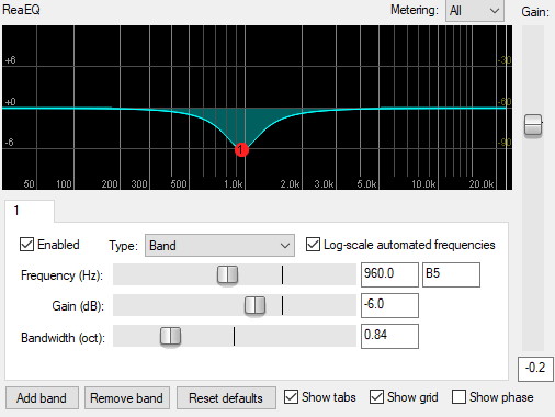 Screenshot of an EQ plugin illustrating a wide cut