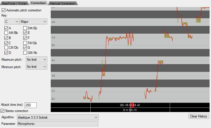 Screenshot of the Reatune plugin in auto pitch correction mode