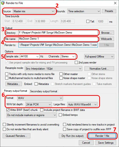 Screenshot of the Render to File dialog in Reaper