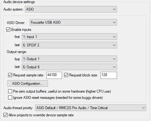 Screenshot of the audio device settings in Reaper