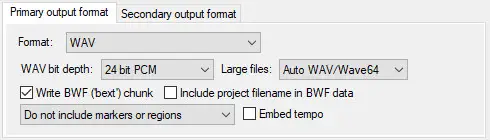 Screenshot of the WAV format options on the Render to File dialog in Reaper