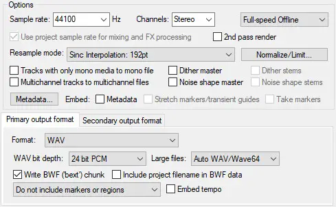 Screenshot of the Options and Output Format sections of the Render to File dialog in Reaper