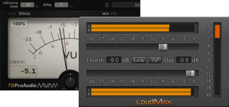 Screenshot of a limiter and a VU meter plugin from a DAW