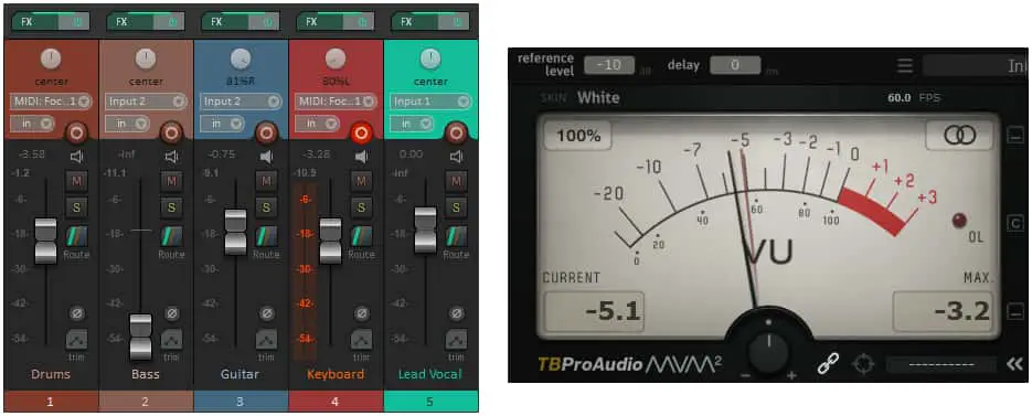 Screenshot of a DAW mixer app and a VU meter