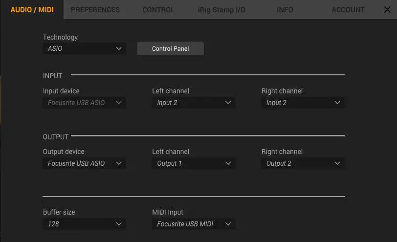 Screenshot of the settings screen in Amplitube 5