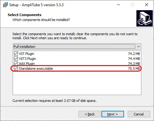 Screenshot of the Select Components dialog in the Amplitube installer, with the Standalone Executable option highlighted