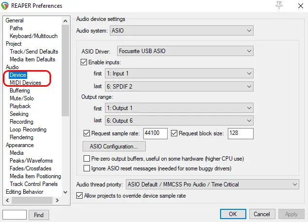 Screenshot of the audio device settings in Reaper