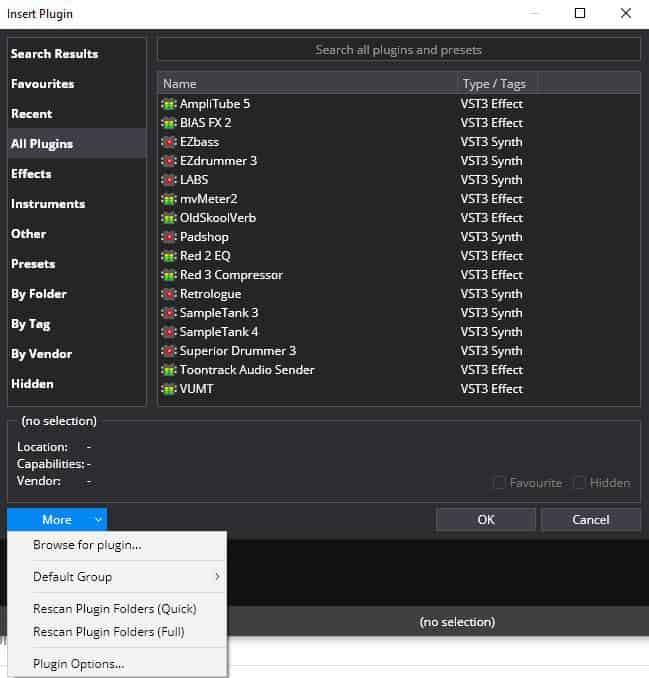 Screenshot of Cantabile Lite showing the Insert Plugin dialog