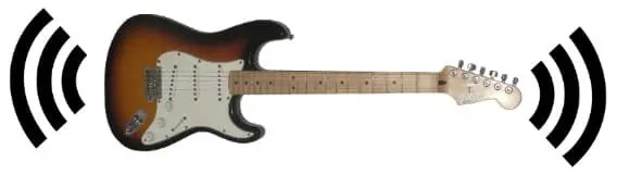 Photo of an electric guitar with some stylized sound waves coming out of it