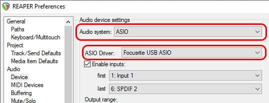 Screenshot of the ASIO settings options in Reaper