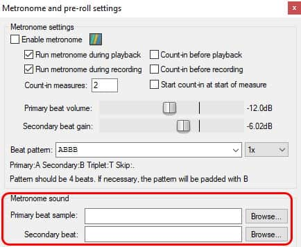 Screenshot of the metronome options dialog in Reaper