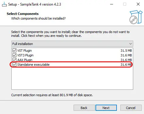 Screenshot of the Select Components dialog in the Sampletank installer, with the Standalone Executable option highlighted