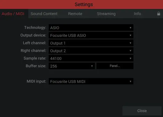 Screenshot of the settings screen in Sampletank 4