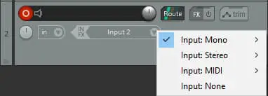 Screenshot of selecting a track input in Reaper