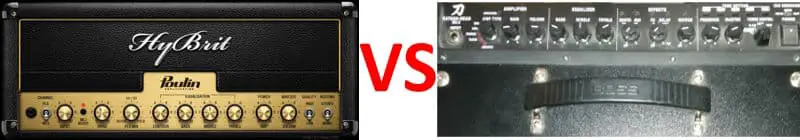 Image of an amp sim and a real guitar amp with the word vs (short for versus) written in between them