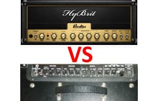 Image of an amp sim and a real guitar amp with the word vs (short for versus) written in between them