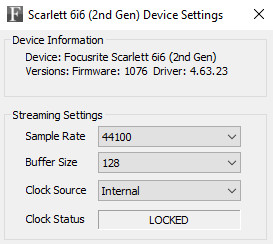 Screenshot of the ASIO Config dialog for a Scarlett Focusrite audio interface