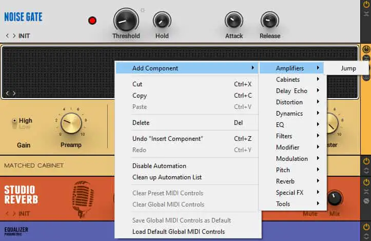 Screenshot of the Add Component option in the context menu in Guitar Rig 6