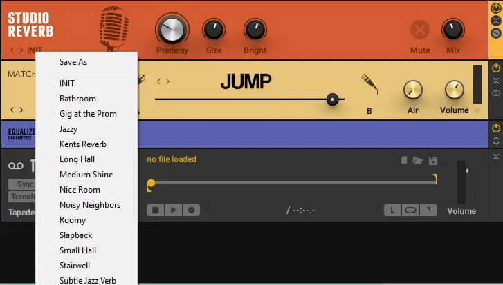Screenshot of the Studio Reverb component and its presets in Guitar Rig 6