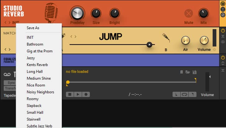 Screenshot of the Studio Reverb component and its presets in Guitar Rig 6