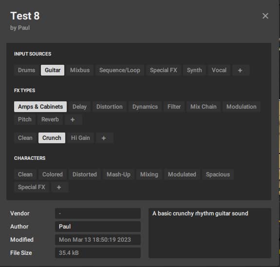 Screenshot of a preset's configured tags in Guitar Rig 6