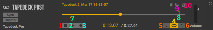 Screenshot of the Tapedeck component in Guitar Rig 6 with the controls labelled