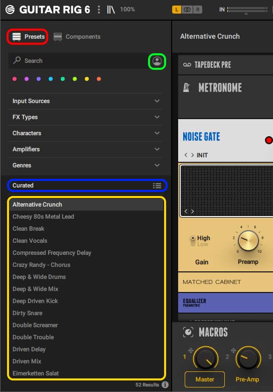 Screenshot of Guitar Rig 6, with areas highlighted that are used to select a preset