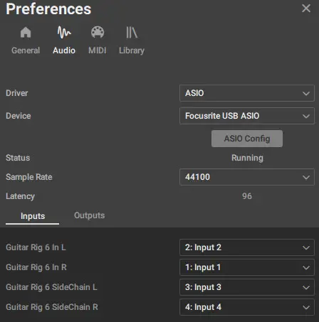 Screenshot of the Audio Preferences settings in Guitar Rig 6