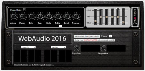 Screenshot of the WebAudio online guitar amp sim running in a web browser