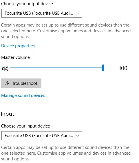 Screenshot of the Sound settings in Windows 10 set to use an audio interface for input and output