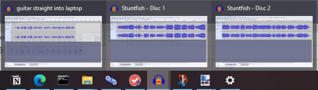 Screenshot of the Windows taskbar showing three instances of Audacity running