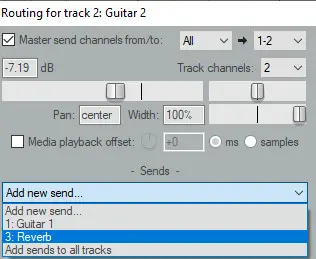 Screenshot of adding a new send in the routing for a track in Reaper