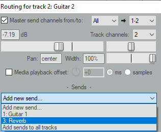 Screenshot of adding a new send in the routing for a track in Reaper