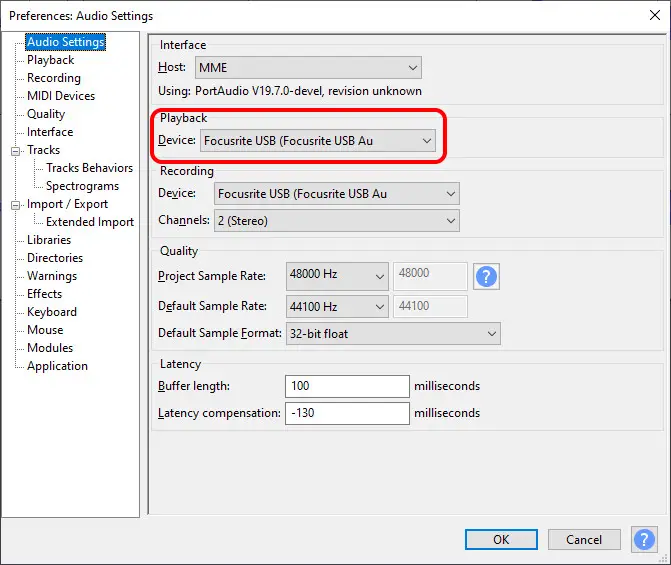 Screenshot of the Audio settings dialog in Audacity with the Playback device selection highlighted