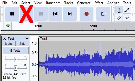 Screenshot of part of an Audacity window with the play button crossed out