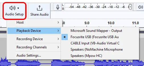 Screenshot of the Playback device setting in Audacity, with the Audio Setup button highlighted