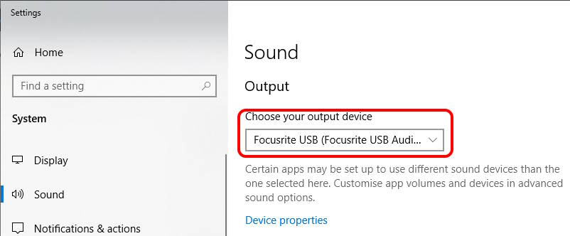 Screenshot of Windows Sound Settings, with the Choose your output device setting highlighted