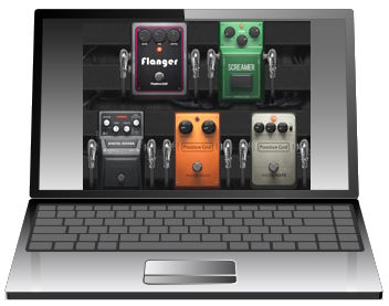 Stylized diagram of a laptop running some guitar effects pedal simulations