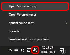 Screenshot of the sound settings menu launched from the speaker icon in the Windows taskbar