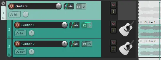 Screenshot of two guitar tracks grouped into one "guitars" track in Reaper