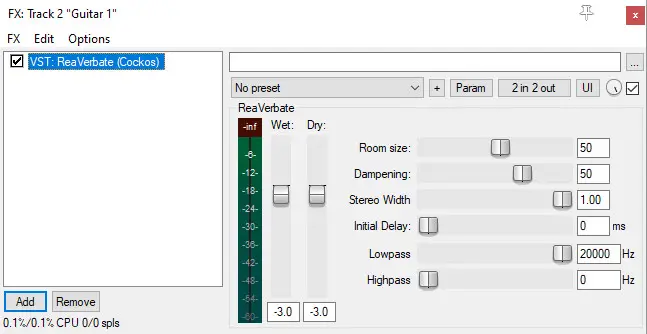 Screenshot of the ReaVerbate plugin added to a track's FX window in Reaper
