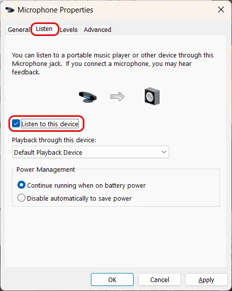 Screenshot of the Microphone properties dialog in Windows 11 with the Listen tab and the Listen to this device option highlighted