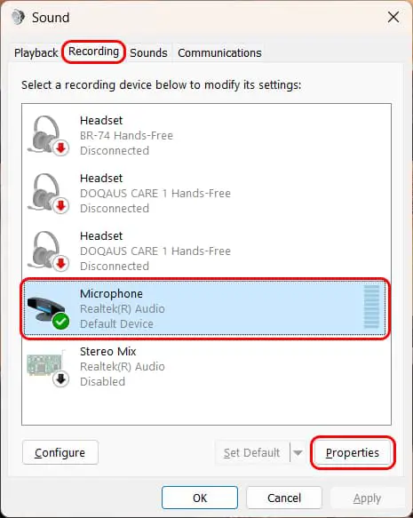 Screenshot of the Sound dialog in Windows 11 with the Recording tab and a Microphone highlighted