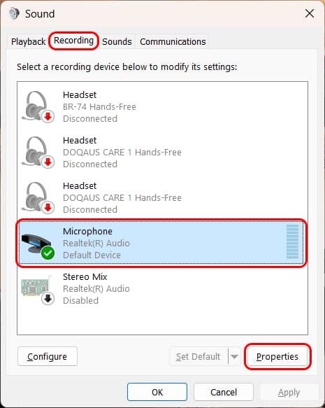 Screenshot of the Sound dialog in Windows 11 with the Recording tab and a Microphone highlighted