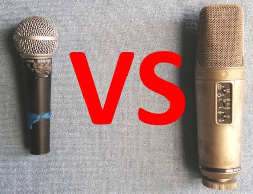 Photo of a dynamic microphone and a condenser microphone with the word "vs" in between them