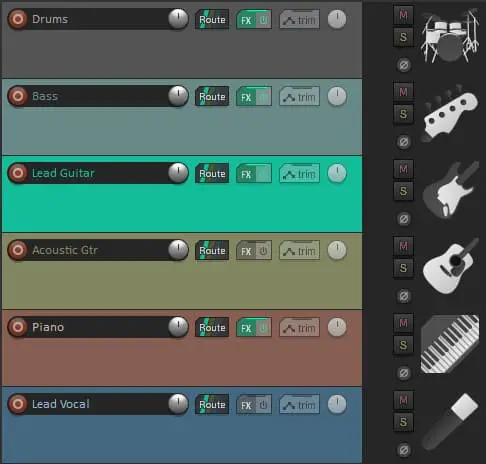 Screenshot of some different instrument tracks in Reaper with associated icons