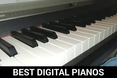 Photo of a digital piano keyboard taken at an angle, with the text Best Digital Pianos underneath