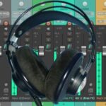 Photo of some studio headphones superimposed over a software mixer application