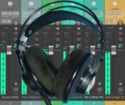 Photo of some studio headphones superimposed over a software mixer application