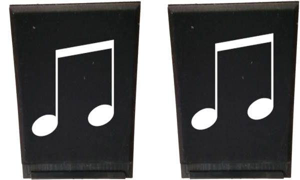 Picture of a pair of speakers with musical notes superimposed on them